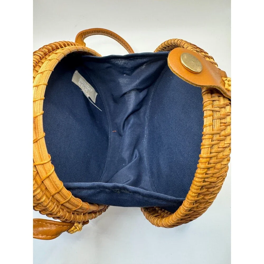 Round Circle Rattan Purse Crossbody Wicker Handwoven 8" Bag Purse Summer & Rose - Picture 7 of 10